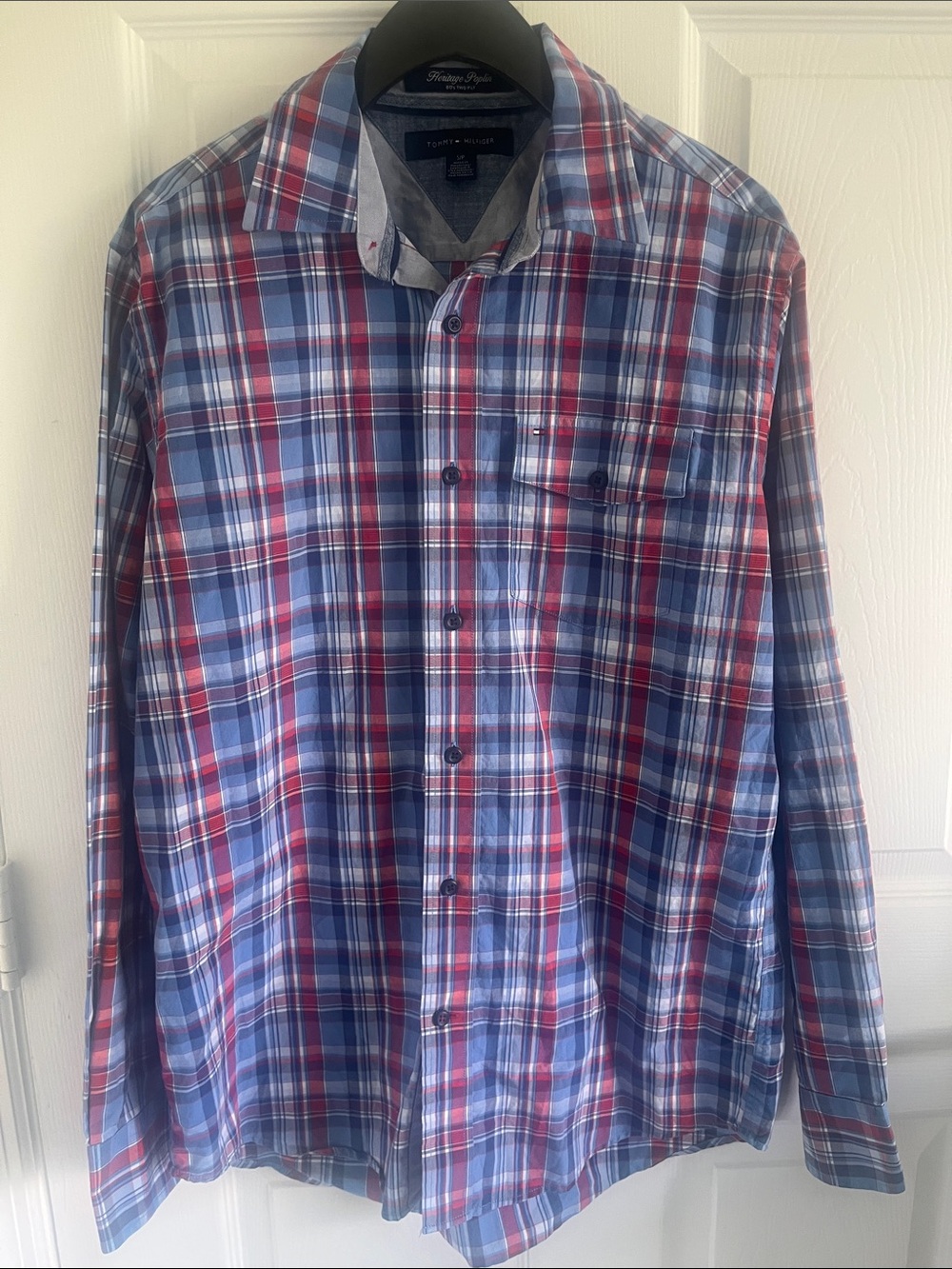 Tommy Hilfiger Blue & Red Plaid Long-Sleeve Button-Down Shirt Heritage Poplin 80